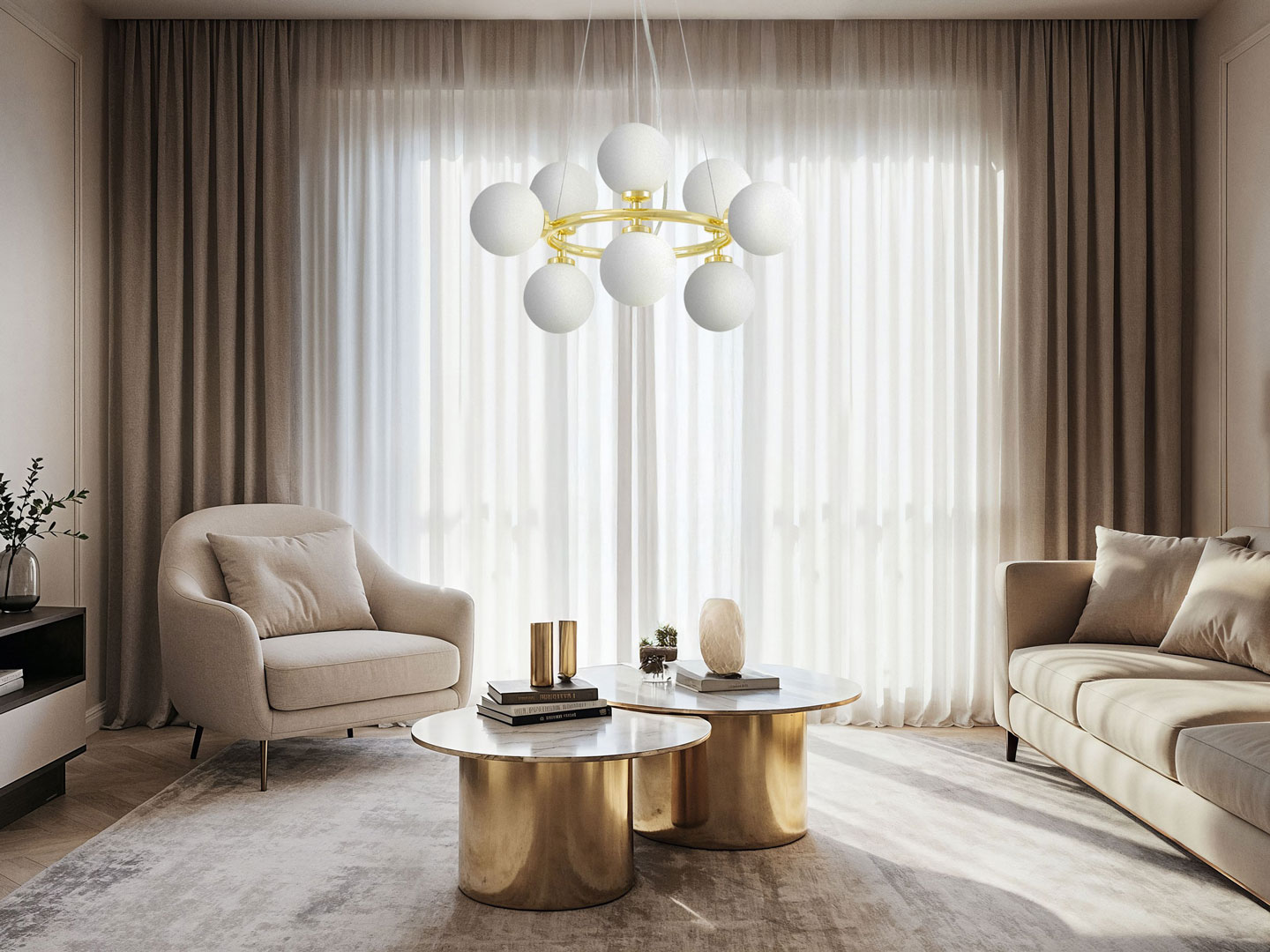 Zlatý lustr, bílé skleněné koule, klasická zlatá, glamour závěsná lampa - MARSIADA - Lumina Deco obrázek 4