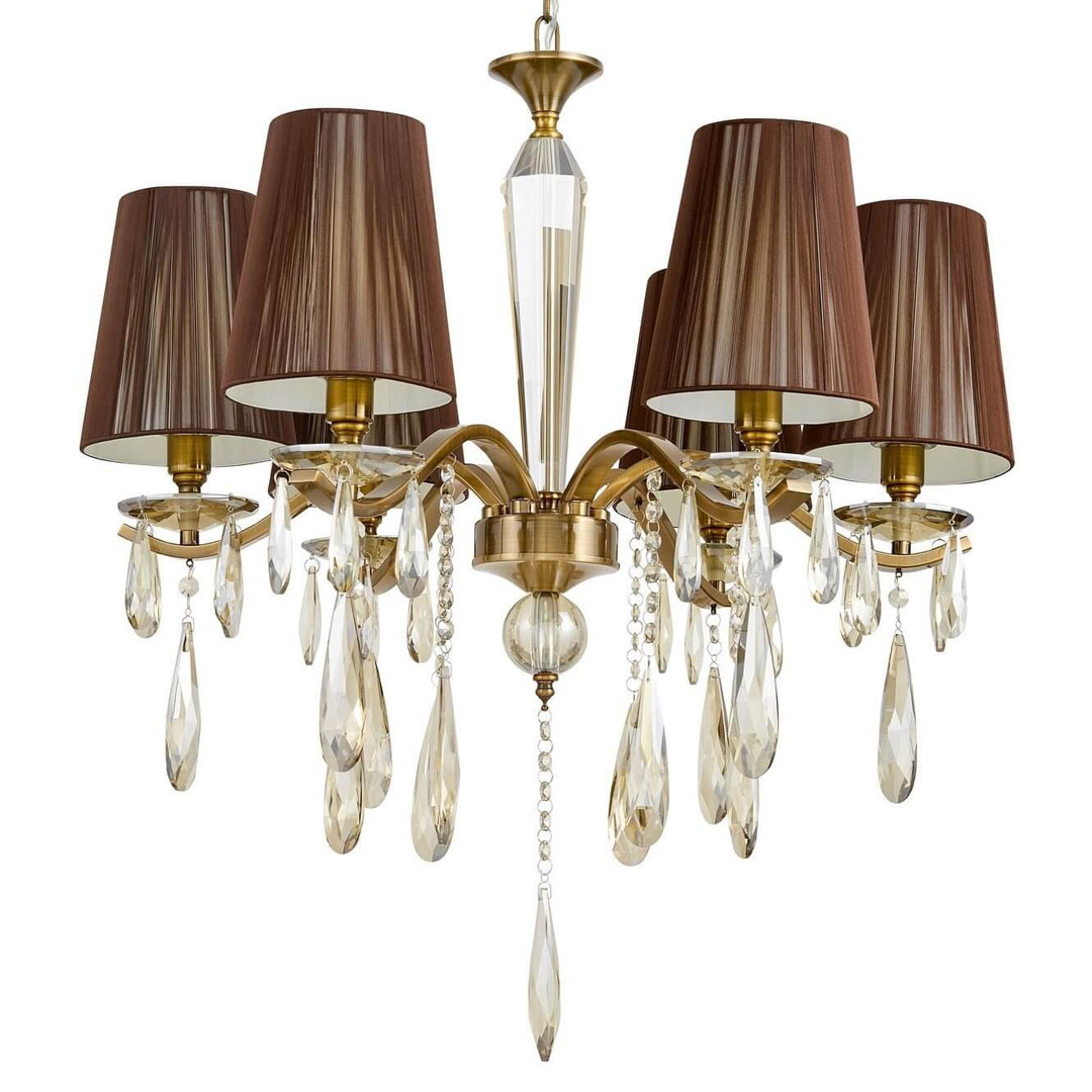 Křišťálový lustr, mosazná barva, bronzová stínidla, stylový, šestiramenný, na řetízku - ALESSIA W6 - Lumina Deco obrázek 1