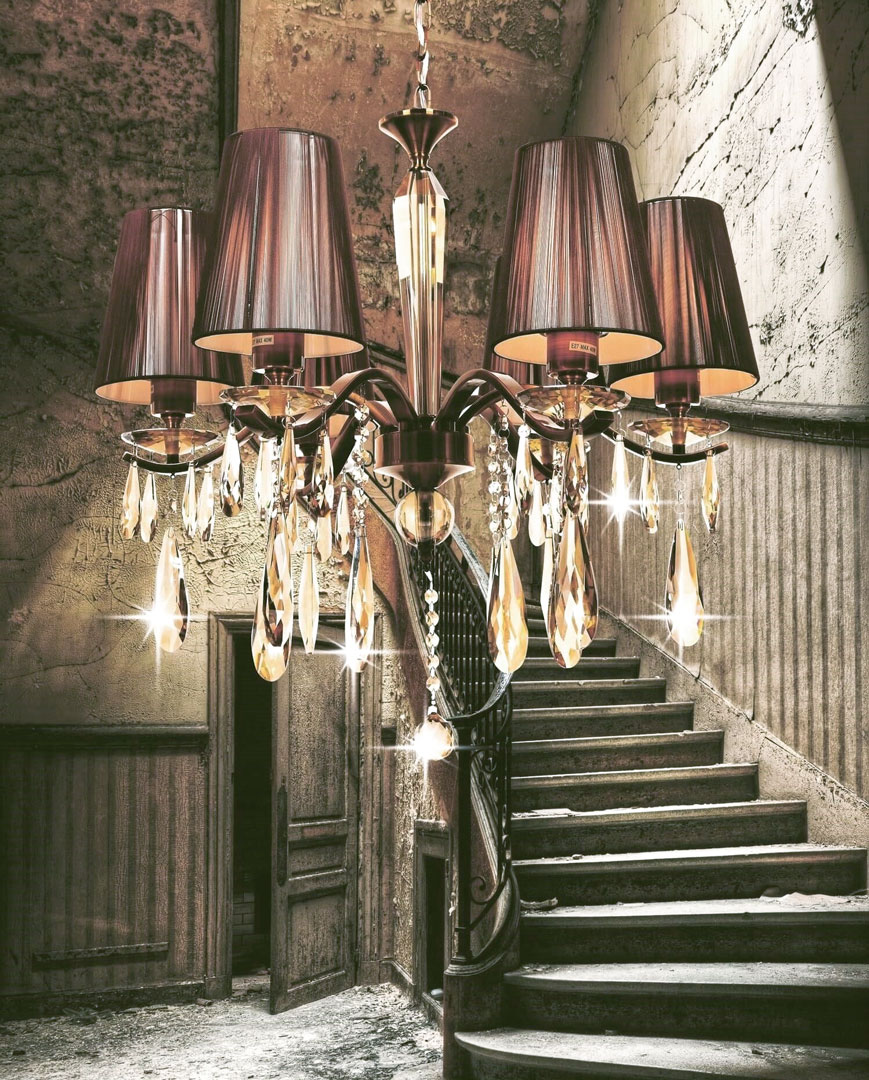 Křišťálový lustr, mosazná barva, bronzová stínidla, stylový, šestiramenný, na řetízku - ALESSIA W6 - Lumina Deco obrázek 2