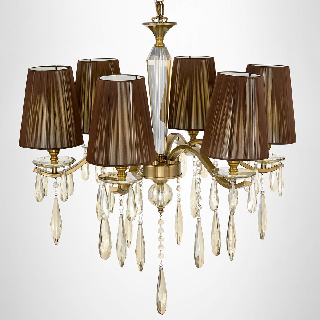 Křišťálový lustr, mosazná barva, bronzová stínidla, stylový, šestiramenný, na řetízku - ALESSIA W6 - Lumina Deco obrázek 4
